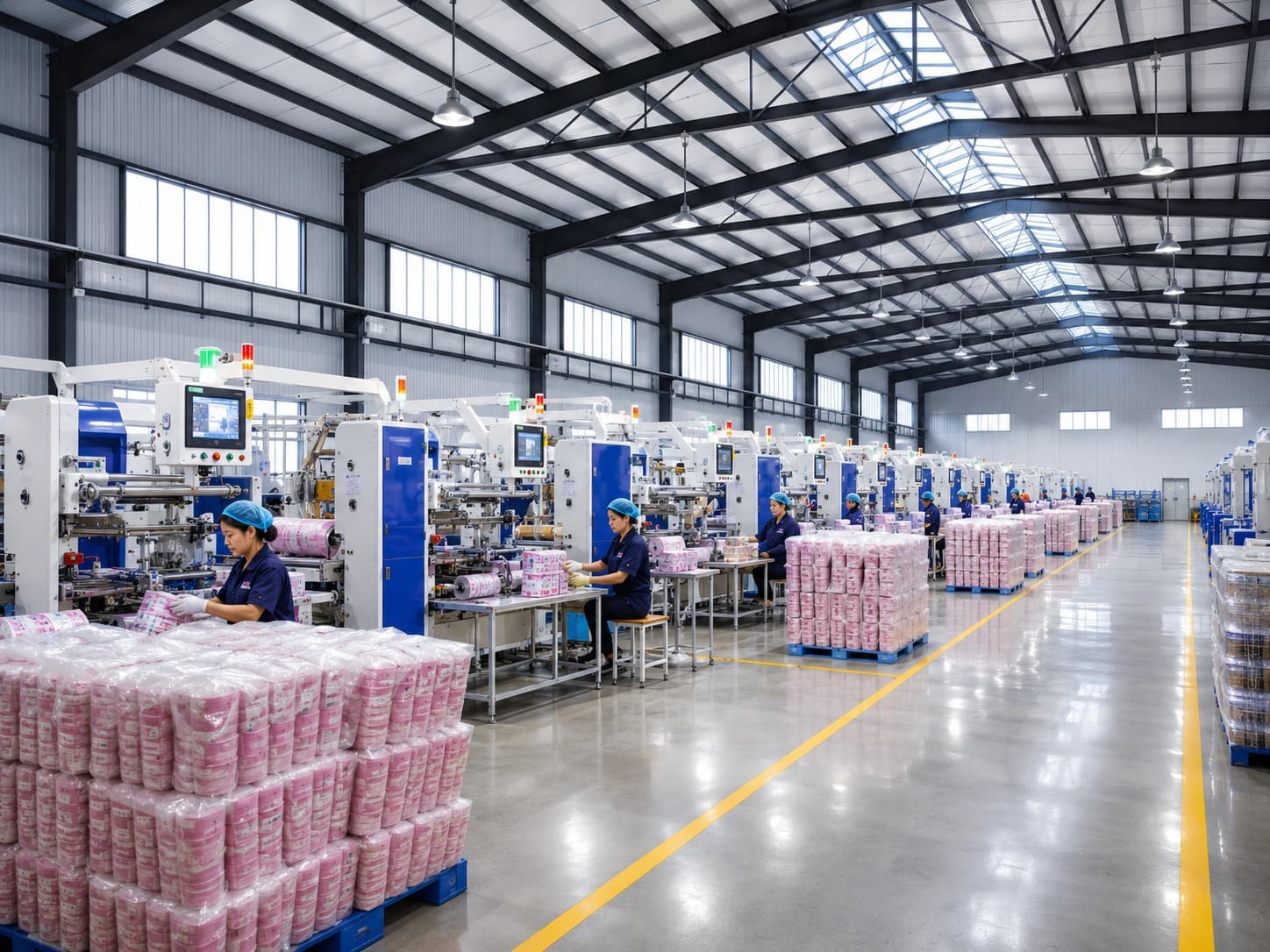 Packaged plastic bag rolls in a modern production environment